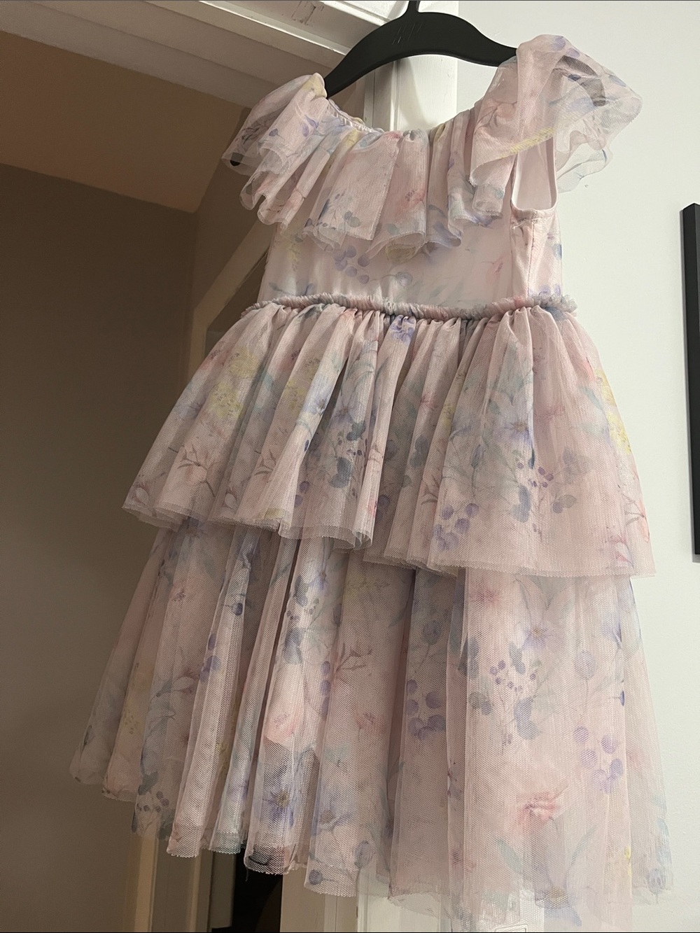 Girls' Pastel Floral Layered Tulle Dress - Pink
